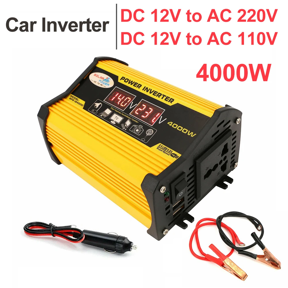  Inversor de corriente de 12 V a 110 V, inversor de automóvil de  12 V a 220 V, inversor de onda sinusoidal de 4000 W, convertidor de voltaje  con adaptador de