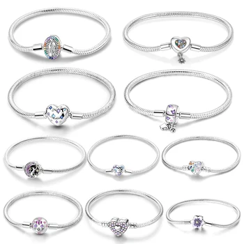 Silver 925 Bracelet Original Bracelets Colorful Zircon Heart Flower Cat Snake Chain For DIY Charms 17-20CM Luxury Jewelry Gifts 1