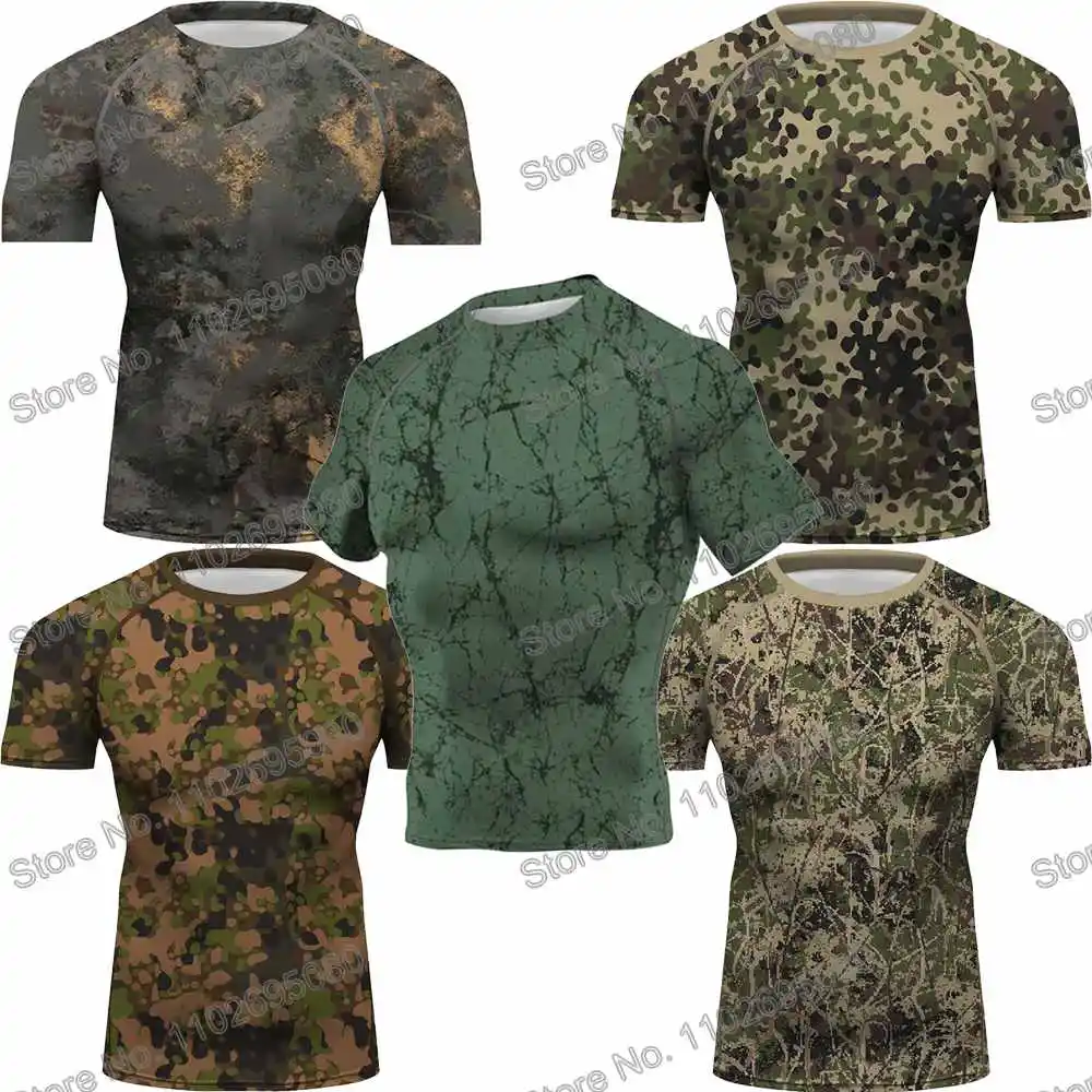 Camo Series Surf Clothing BJJ MMA Men Rash Guard Short Sleeve Diving T-Shirt Tight Swimwear Summer Beach Floatsuit Women GYM