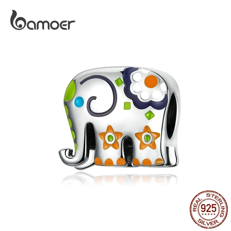 bamoer Thailand Elephant Silver 925 Jewelry Charm for Women Colorful Enamel Animal Guardian Beads fit Charms Bracelets BSC095