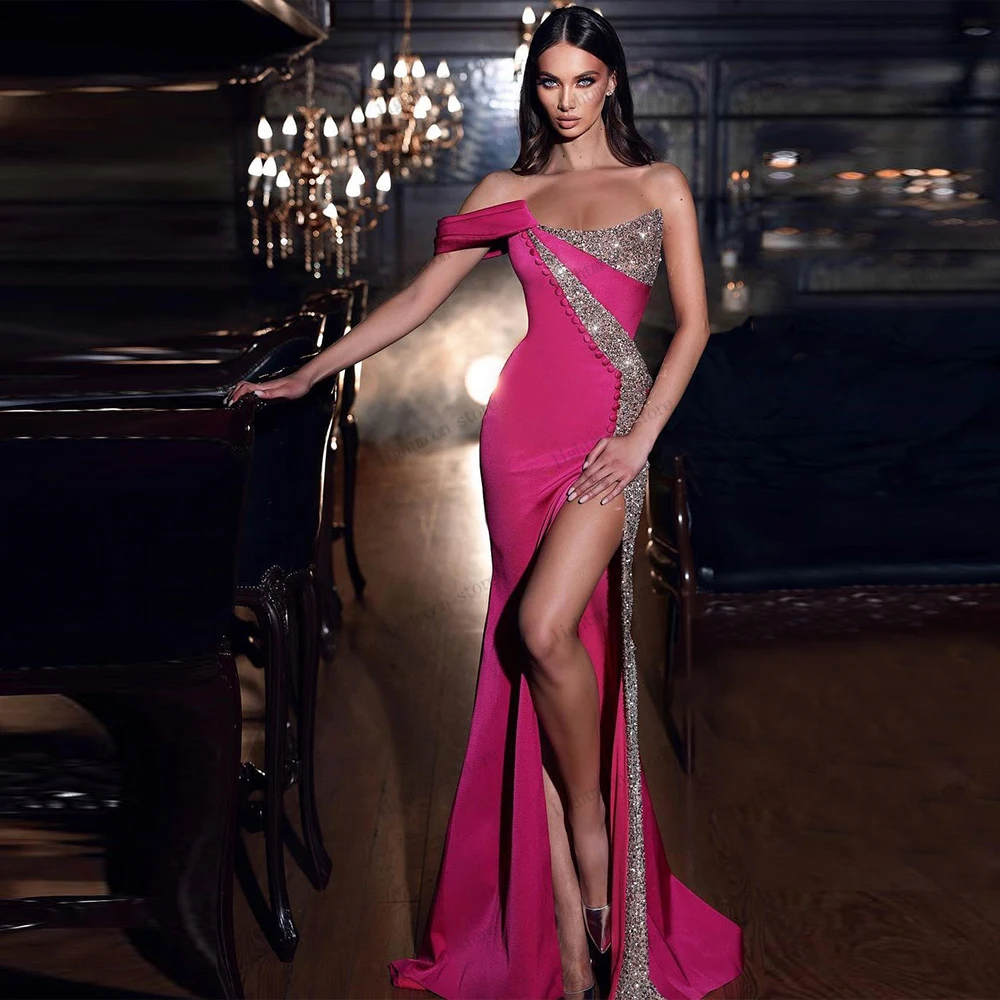 

Sexy Prom Dress Gorgeous Evening Dresses High Slit Backless Strapless Ball Gowns Sequin Appliques Satin Robes Vestidos De Gala