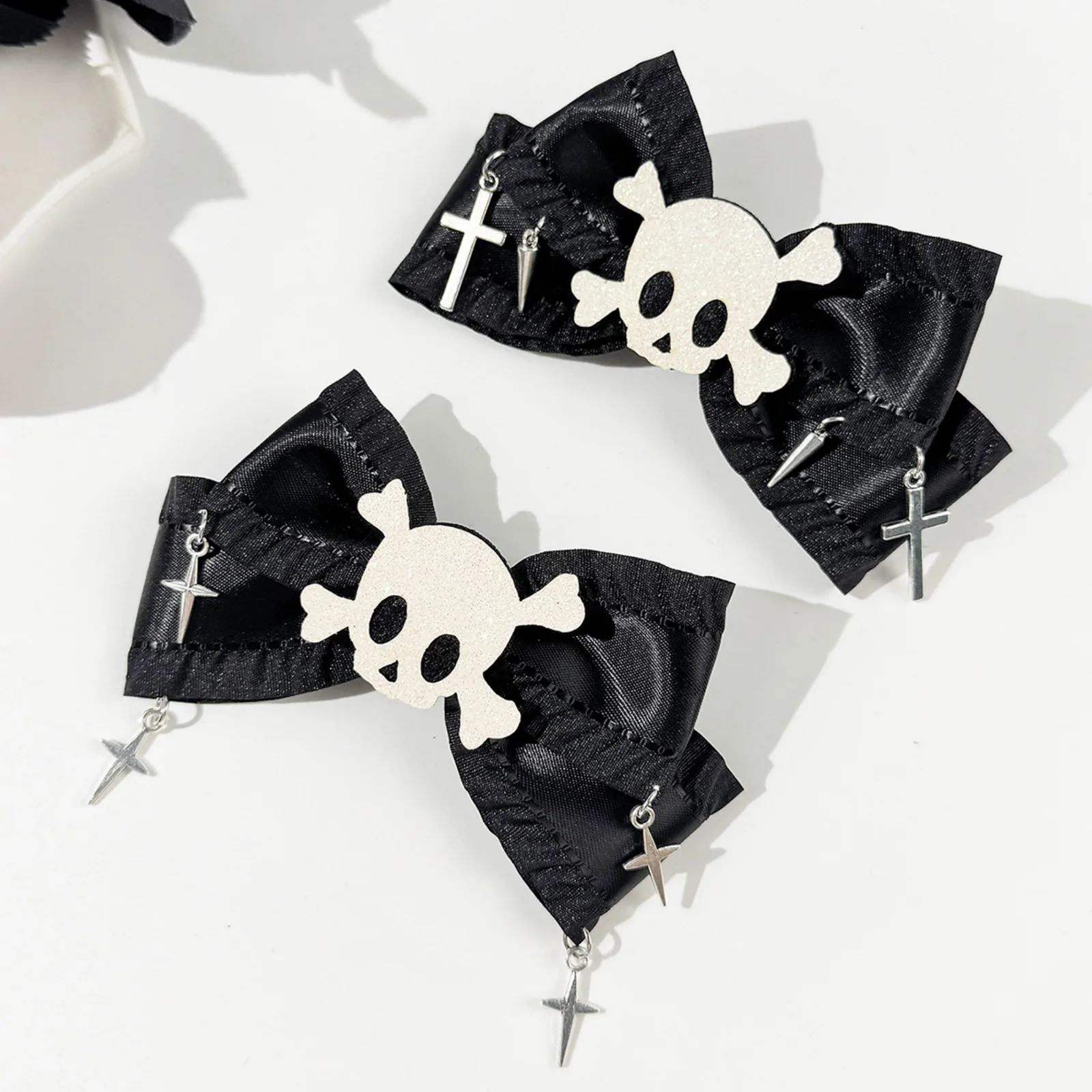 1PC Halloween Gothic Hair Clips Set, Skull & Cross Design, Black Bow Hair Accessories For Spooky Style