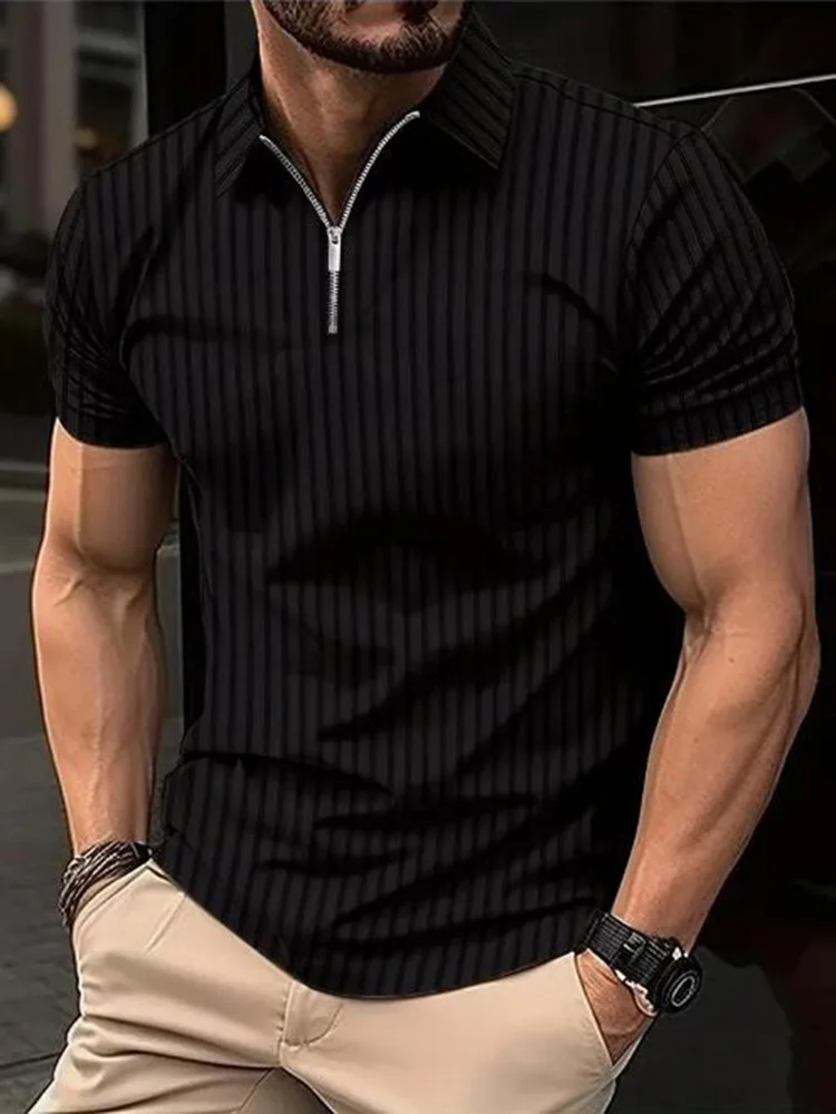 Summer Men Stripe Fashion Short Sleeve Polo Shirt Half Zip Solid Elastic Office