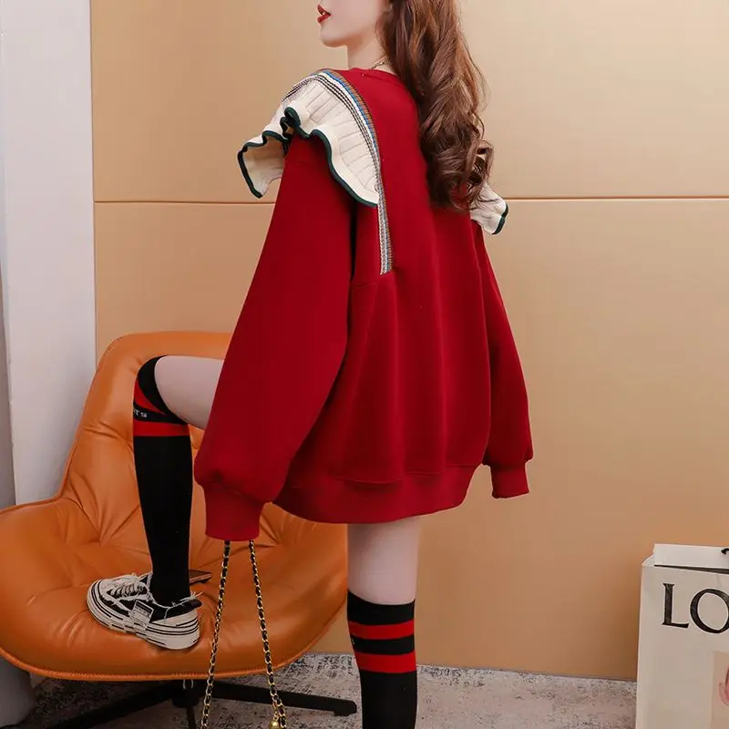 Women's Pullover Round Neck Patchwork Ruffled Printed Autumn and Winter Midi Hoodies Long Sleeve Plus Size Loose Korean New Tops