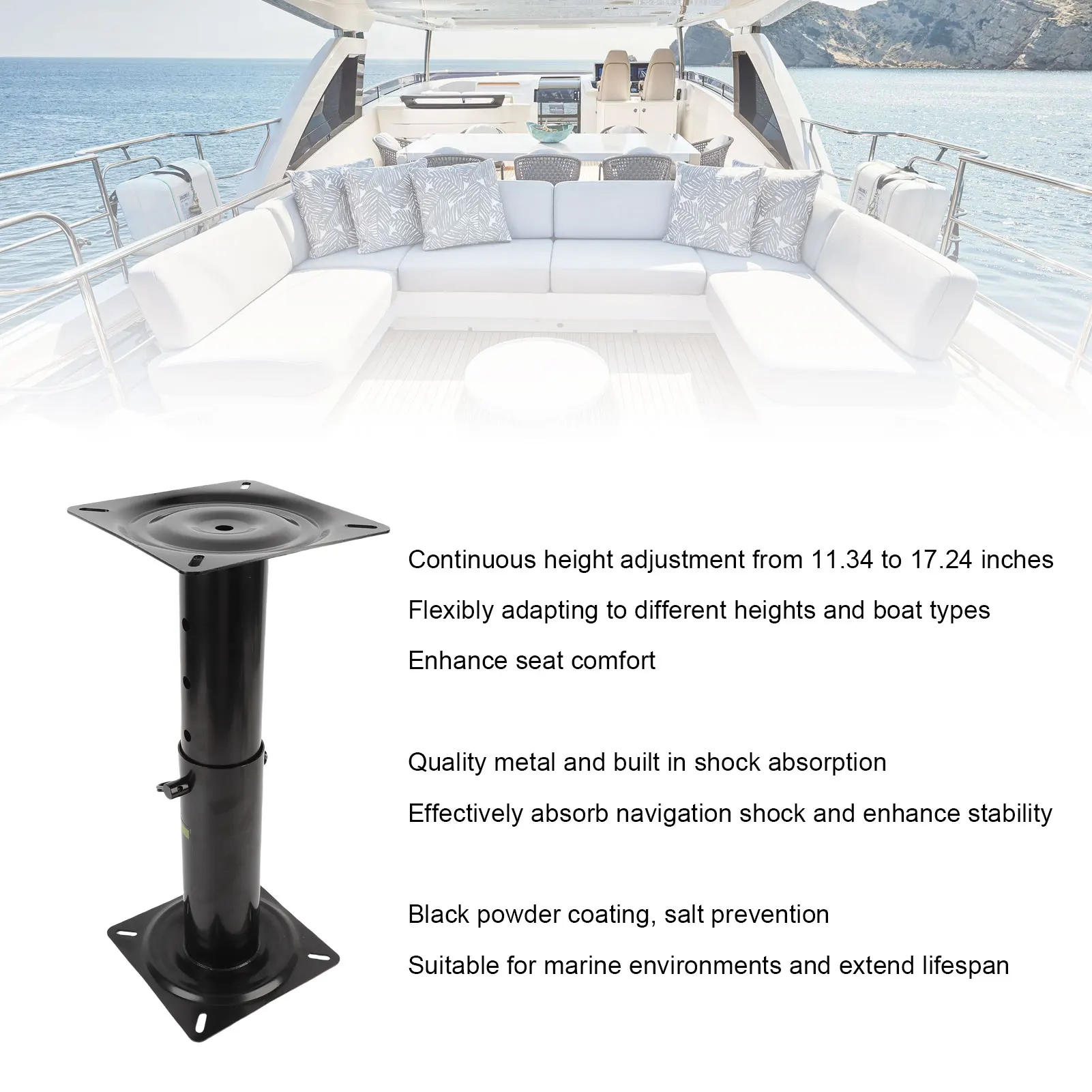 Adjustable Height Boat Seat Pedestal Boat Seat Base Pedestal 11.34-17.24in Adjustable Height Powder Coated Metal Black