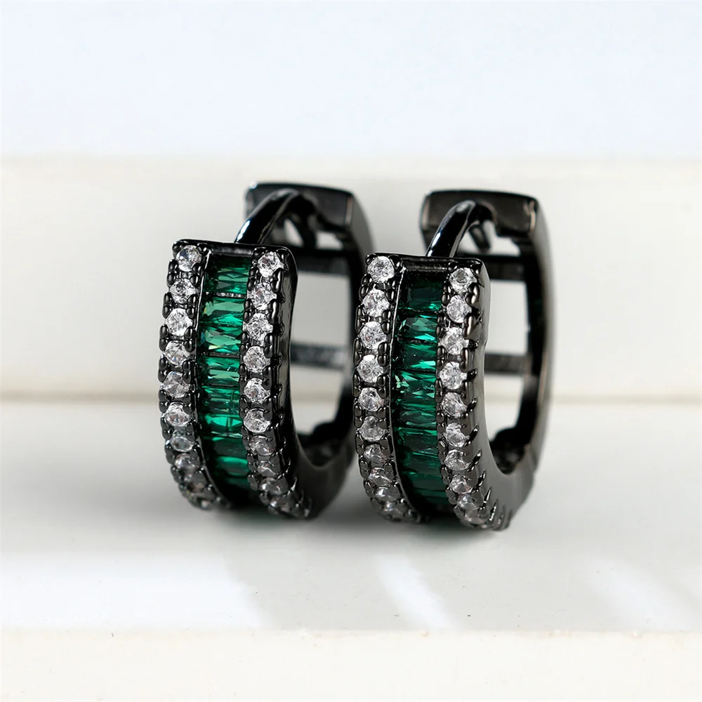 Vintage Black Metal Hoop Earrings Luxury Crystal Multicolor Zircon Round Earrings For Women Simple Fashion Square Stone Jewelry