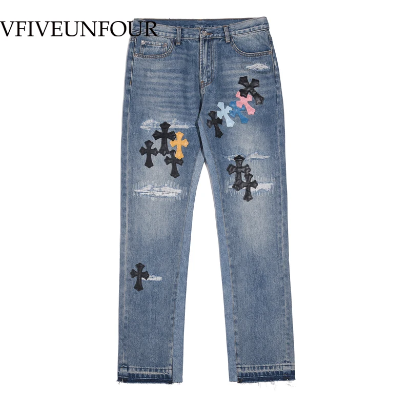 

Fashonable Blue Distressed Ripped Embroidery Flared Jeans Casual Fit Streetwear Men Jeans Four Seasons Trousers Hipster Vintage