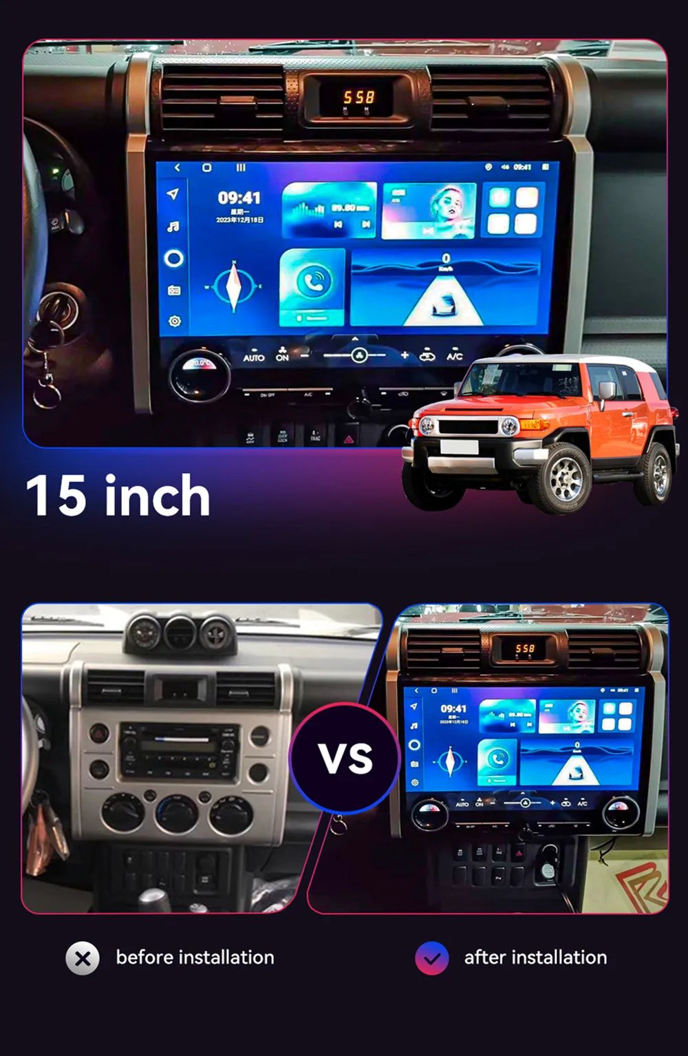 15 Inch Android 14 Carplay For TOYOTA FJ Cruiser Car GPS Navigation Auto Stereo