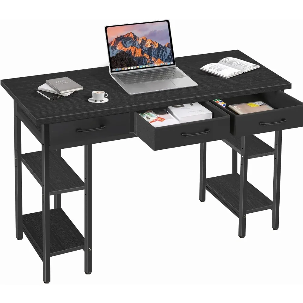 Computer Desk Home Office Desk with 3 Fabric Drawers and Storage Shelves, Modern Writing Desk Small Desk, 47.2″ x 15.7″ (Black)