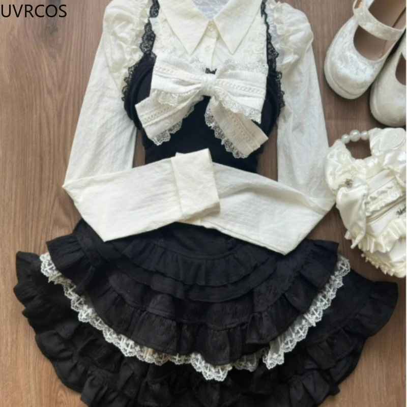 Y2k Aesthetic Lolita Style 3 Piece Set Women Kawaii White Shirt Bow Lace Vest Ruffle Mini Skirts Japan Fashion Gothic Skirt Suit 6
