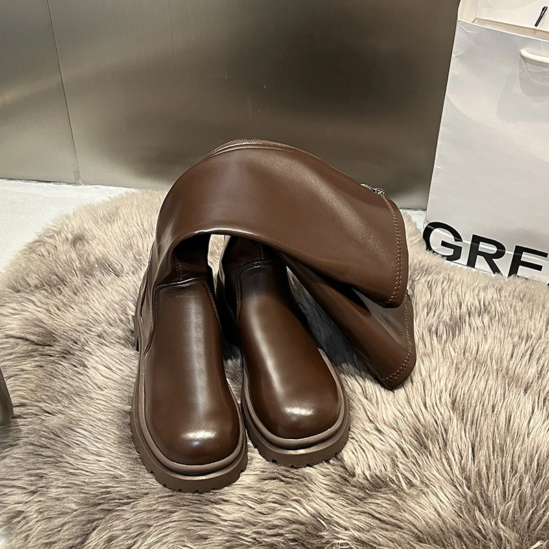 

Women Ankle Boots Ladies Shoes Slip On Mid Calf Boots Platform Soft Leather Long Boot Footwear Woman Fashion Spring Winter
