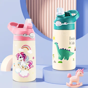 400ML enfants bouteille d'eau dessin animé Animal tasse pour enfants avec paille en acier inoxydable flaques sous vide bouteille Thermos tasse thermique tasses 1