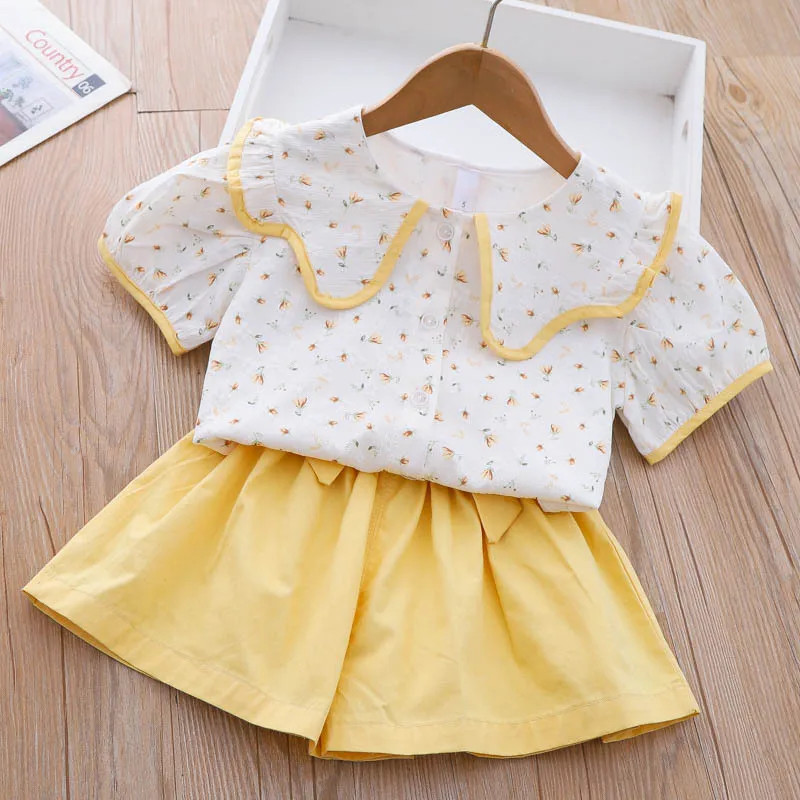 

Girls Summer Shirt Set 2023 New Style School Children Fashion Lace Lapel Casual Shorts Two Piece Set Clothes for Kids Girl