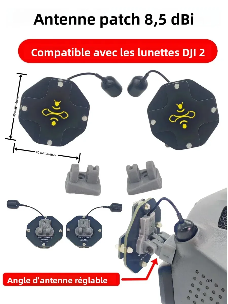 Antenne directionnelle FPV 5.8G 8.5dBi LHCP haute gain posée sur une surface, avec câble et connecteur.