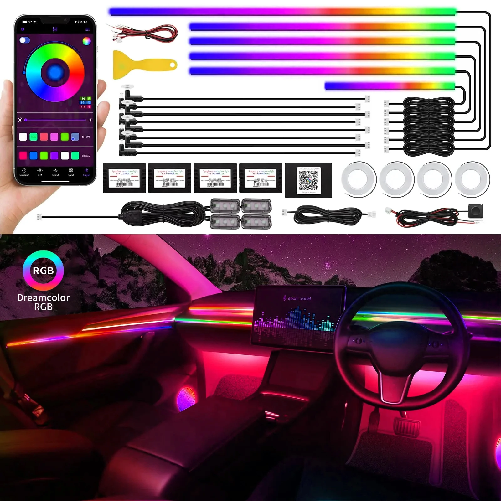 

10000LM полноцветный светильник для автомобиля, RGB, 64 цвета, универсальное искусственное интерьерное скрытое искусственное пространство, симфоническая атмосферная лампа