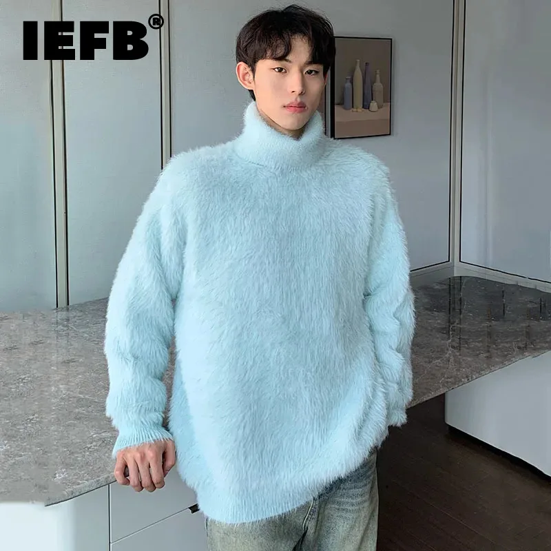 

IEFB Solid Color Men's Imitation Mink Fur Sweater Casual Turtleneck Baggy Male Knitting Pullovers Vintage Spring New Chic 9C4350
