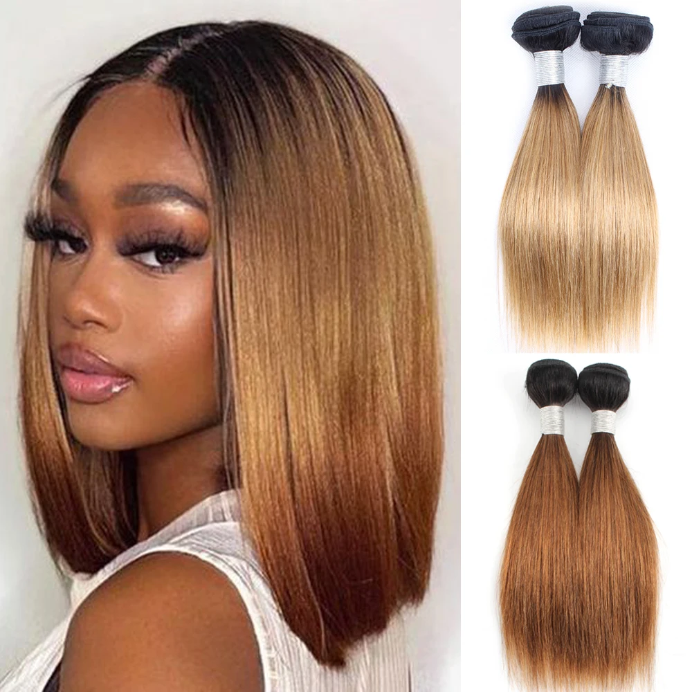 Extensions de cheveux humains 100% lisses, tissage de cheveux humains, blond miel ombré 1B/27 1B/30, 10 à 18 pouces, 1 lot, 50g par pièce