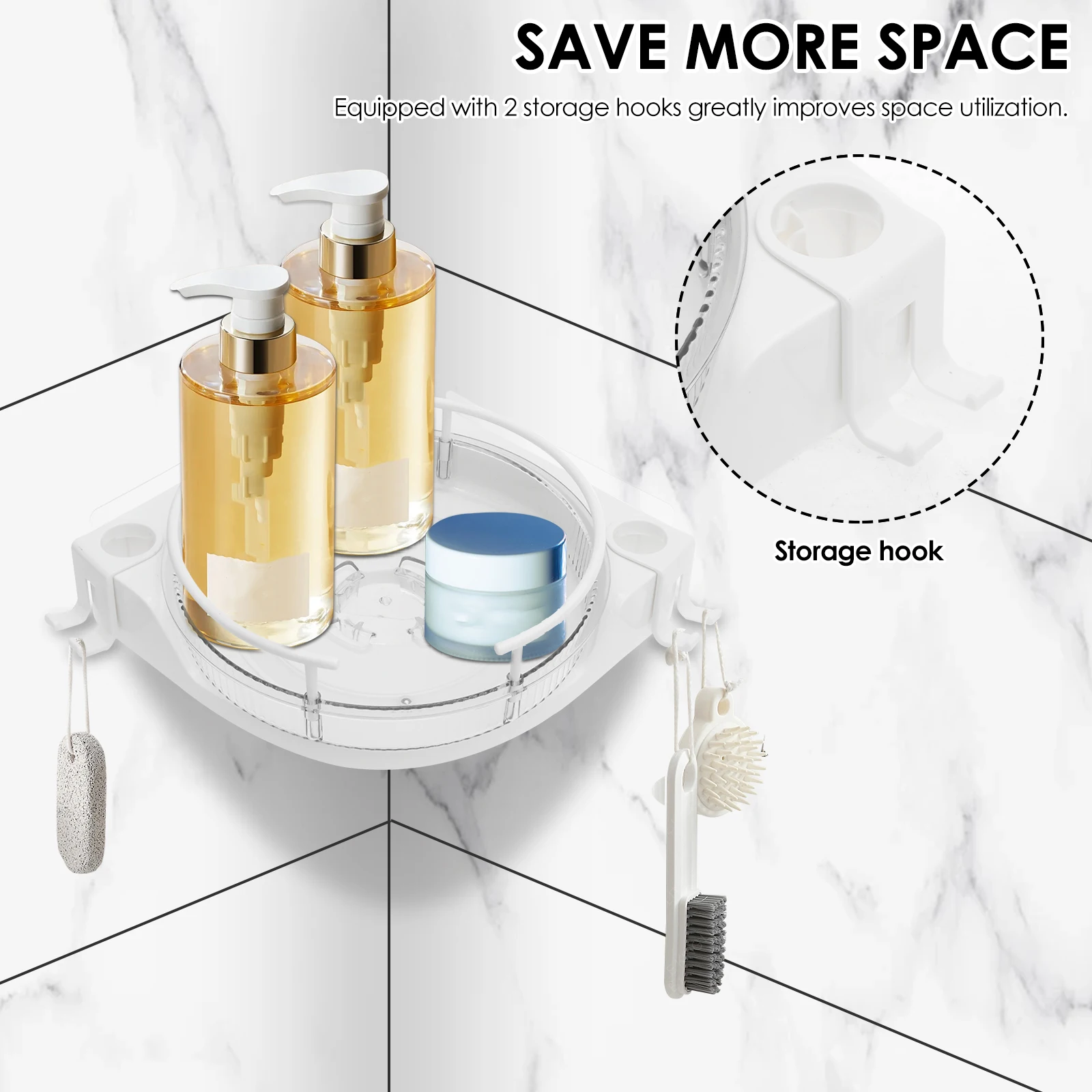 360° Rotating Adhesive Bathroom Holder Shower Caddy Corner Shampoo Storage Shelf with Hook No Drill Towel Holder 5