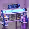 Gaming Table 55'' with LED Light and Storage Shelves, Computer Table with Monitor Stand, Power Outlets and Pegboard, White/Blue 1