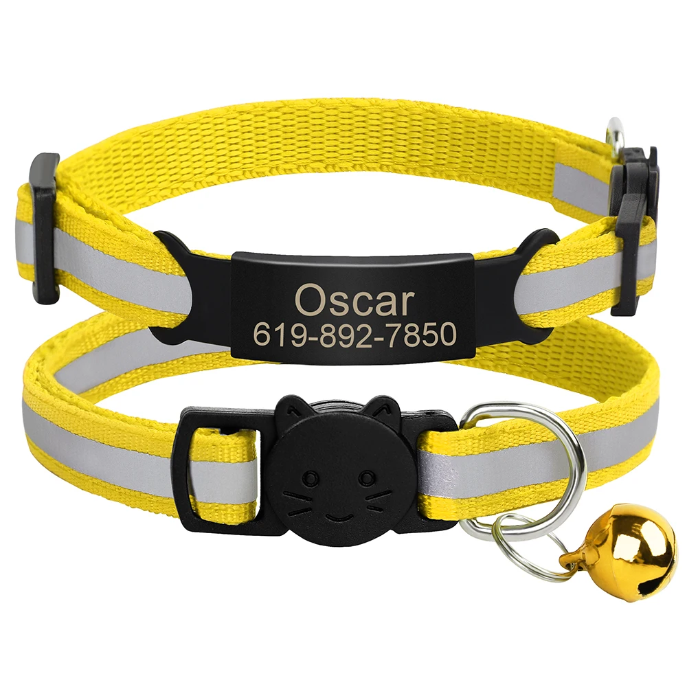 Customized Reflective Cat Collar with Free Engraved ID Nameplate, Bell & Anti-Lost Design