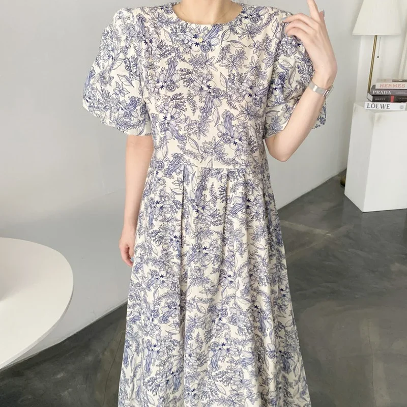 

Korean Chic Vintage Floral Dress Women Summer O-neck Pleated A Line Dress with Pocket Casual Loose Long Dresses Vestidos 27233