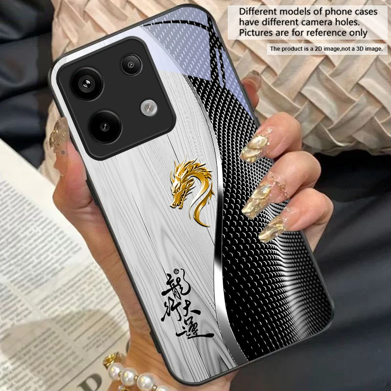Elegant Black Tempered Glass Phone Case with Traditional Dragon Totem Design