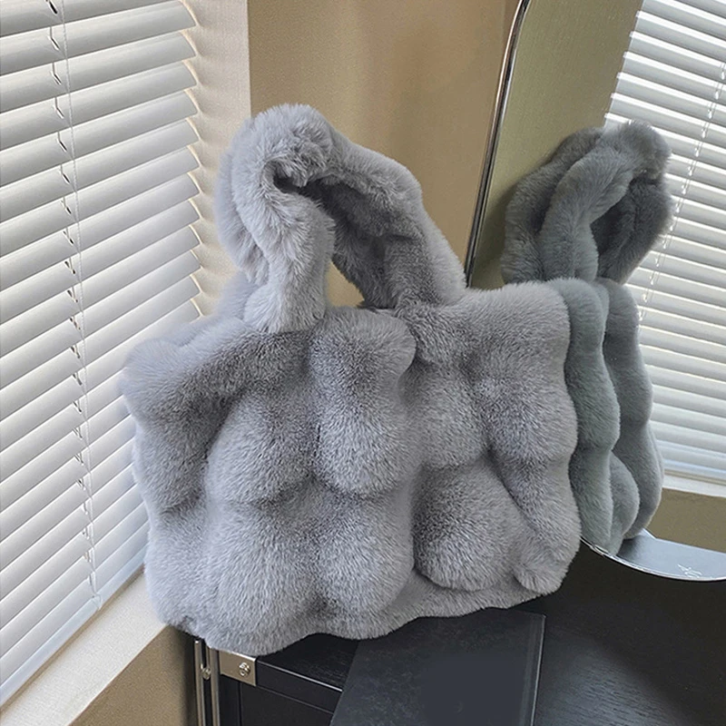 New Women Fluffy Shoulder Bags Autumn Winter Top-handle Handbag Girls Plush Tote Bag Solid Color Commuter Versatile Handle Bag