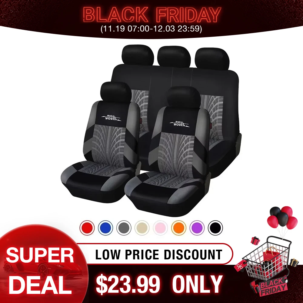 AUTOYOUTH marka haft zestaw pokrowców na siedzenia samochodowe uniwersalny pasuje większość samochodów obejmuje z oponą utwór szczegóły stylizacji pokrowiec na fotel samochodowy - AliExpress 34