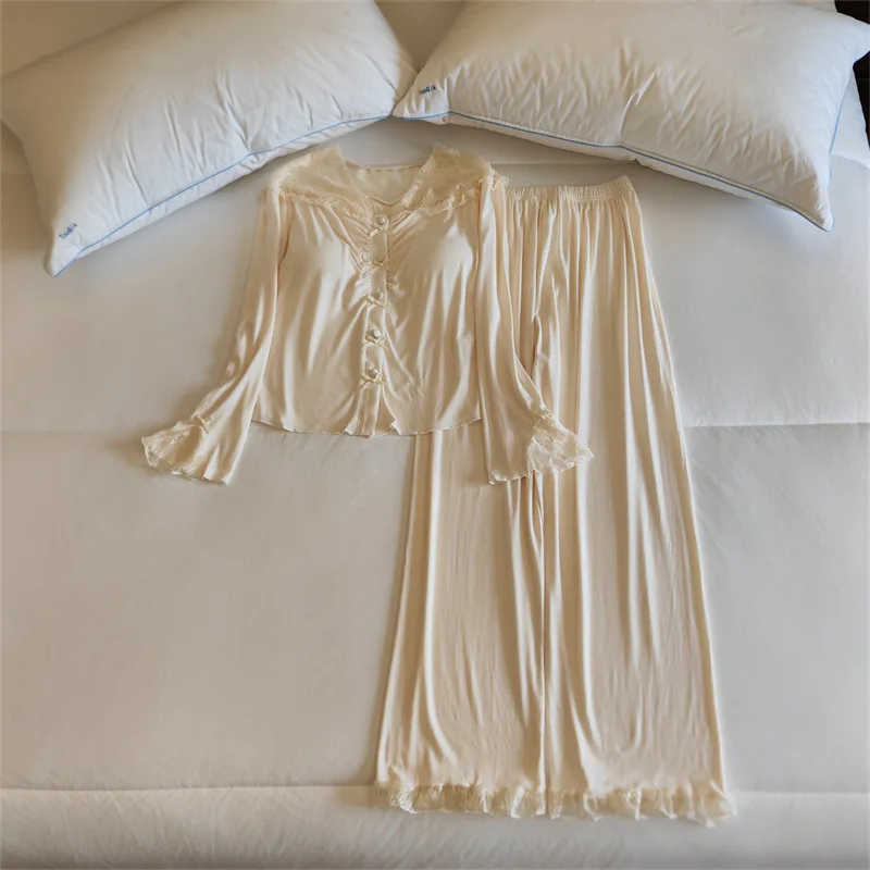 High Quality Women's Pajamas Set Chest Pad Modal Sleepwear Soft Comfortable Home Clothing Long Sleeve Ladies Pijamas De Mujer