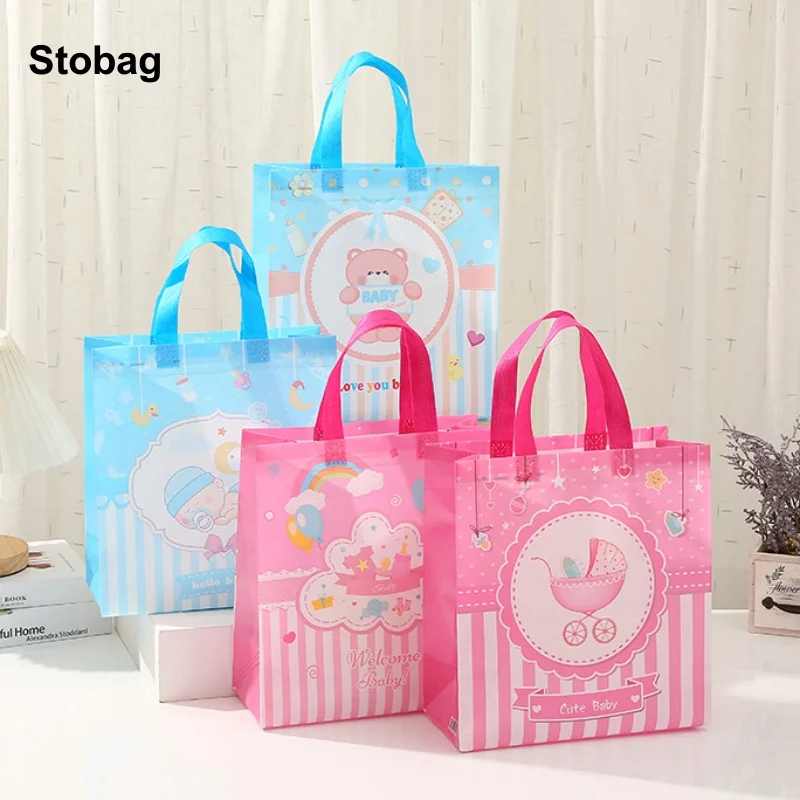 StoBag 12pcs Baby Shower Birthday Non-woven Tote Bags Fabric Gift Package Kids Waterproof Storage Reusable Pouch Party Favors