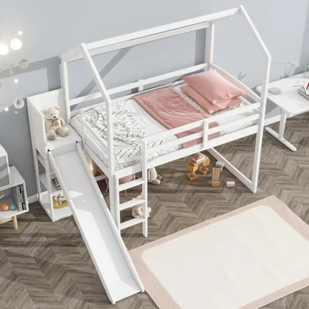 Kids Twin House Loft Bed with Slide Storage Shelves and LED Light Wood Low Loft Bed Guardrail Ladder Playhouse Creative Design 4