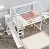 Kids Twin House Loft Bed with Slide Storage Shelves and LED Light Wood Low Loft Bed Guardrail Ladder Playhouse Creative Design 4
