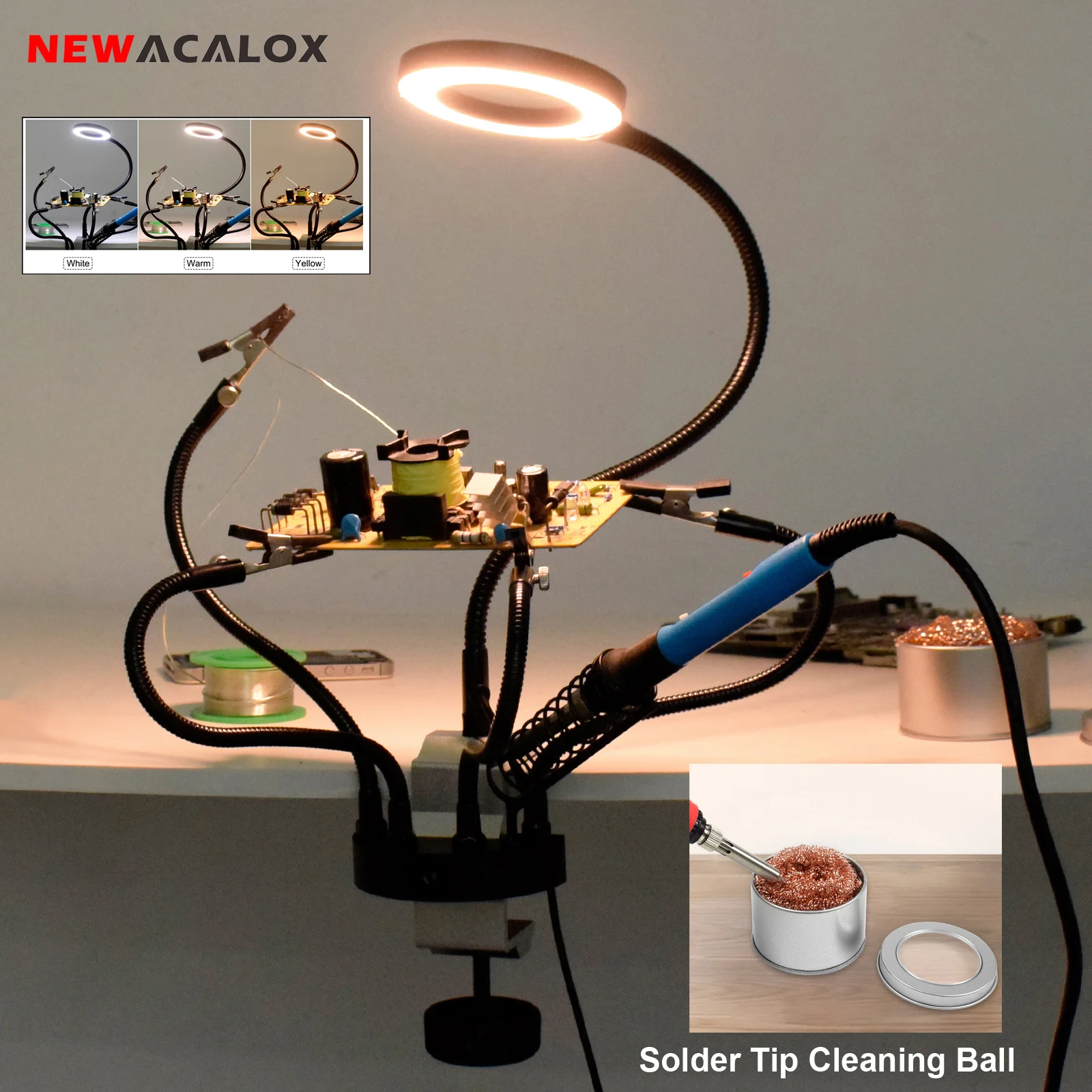 NEWACALOX Soldering Third Hand Tool Vise Clamp Solder PCB Holder 3X LED Magnifier Solder Tip Cleaning Ball for Welding Repair