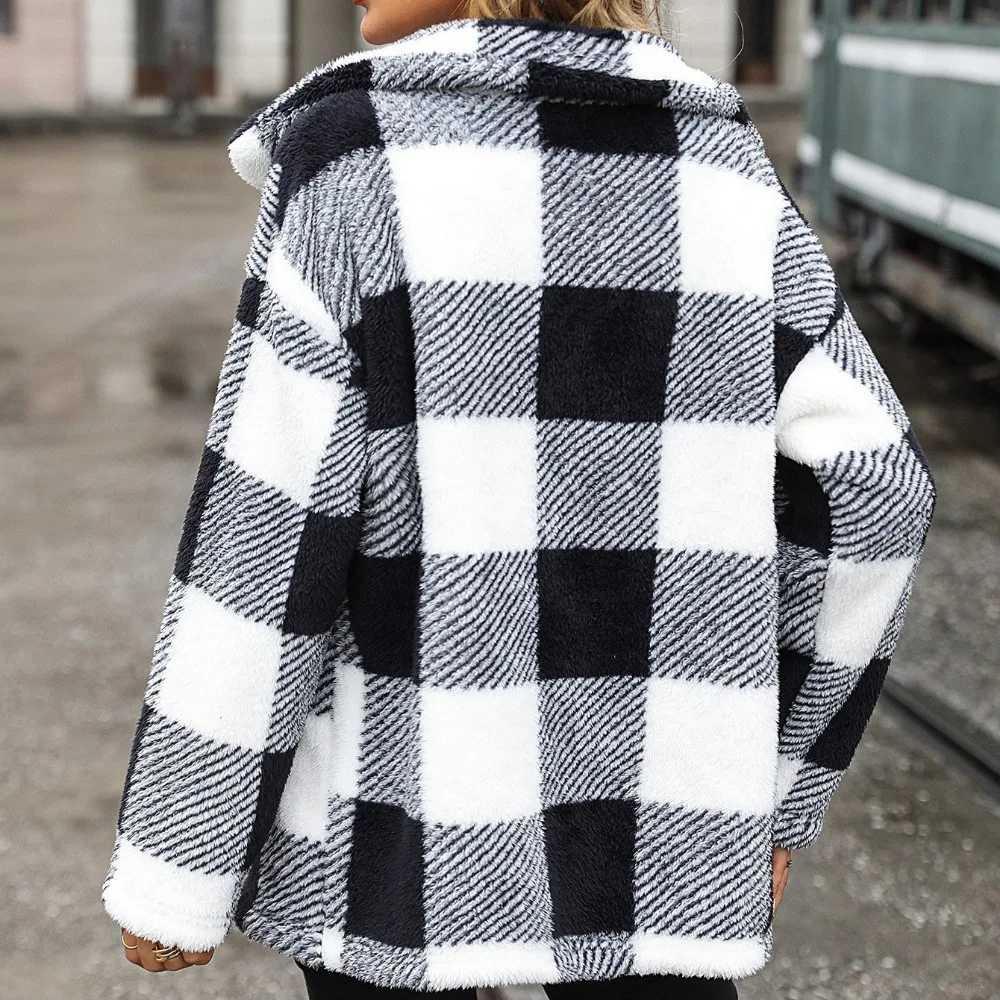 Autumn and Winter Women's Lapel Long-sleeved Mid-length Plaid Single-breasted Double-sided Velvet Casual Jacket