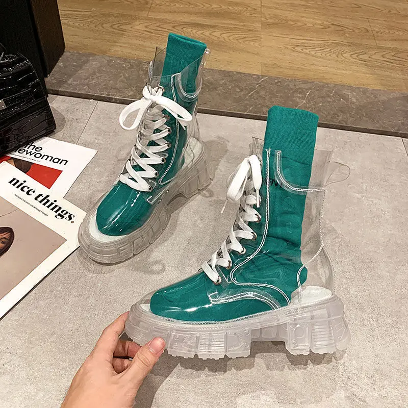 2021 Cool Fashion Women Transparent Platform Boots Waterproof Ankle Boots Feminine Clear Heel Short Boots Sexy Female Rain Shoes 