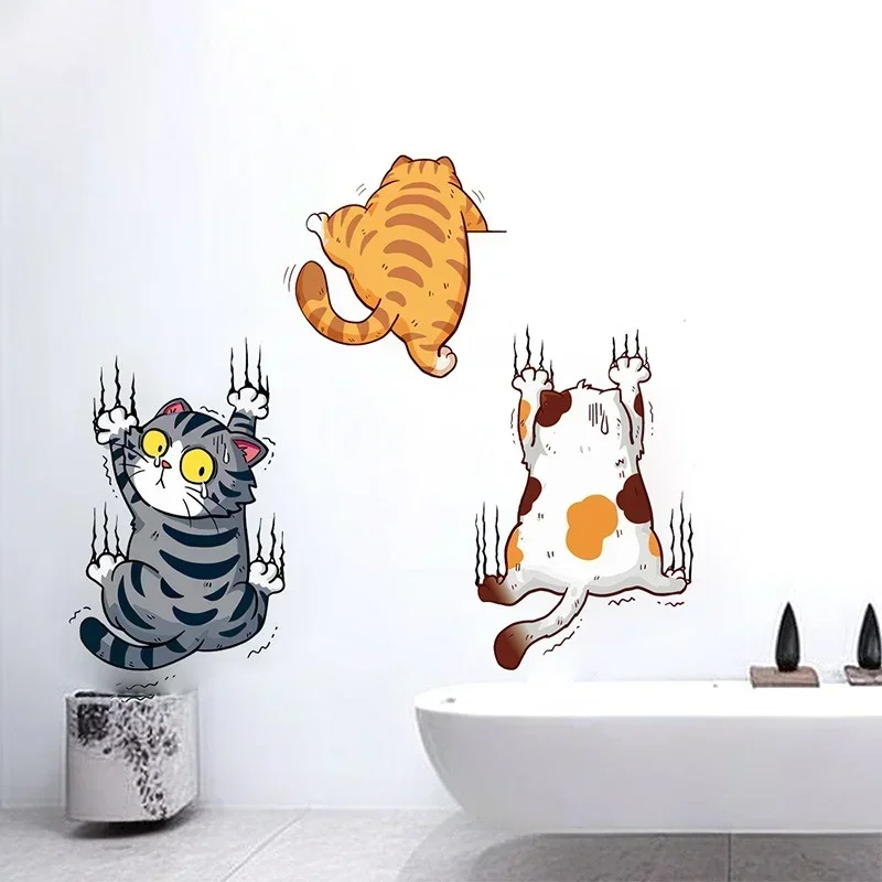 Wall Stickers 3 Pcs Cute Cat Climbing Toilet Decor Bathroom Mural Room Background Self-adhesive Decals