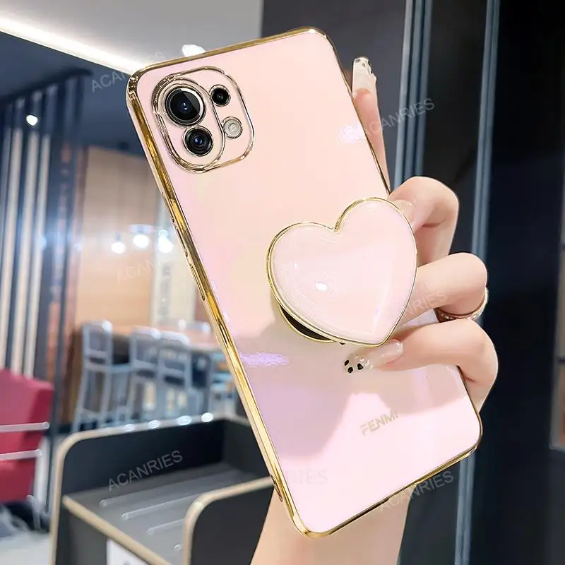 Luxury Plating Love Heart Stand Phone Case - Cute Silicone Cover