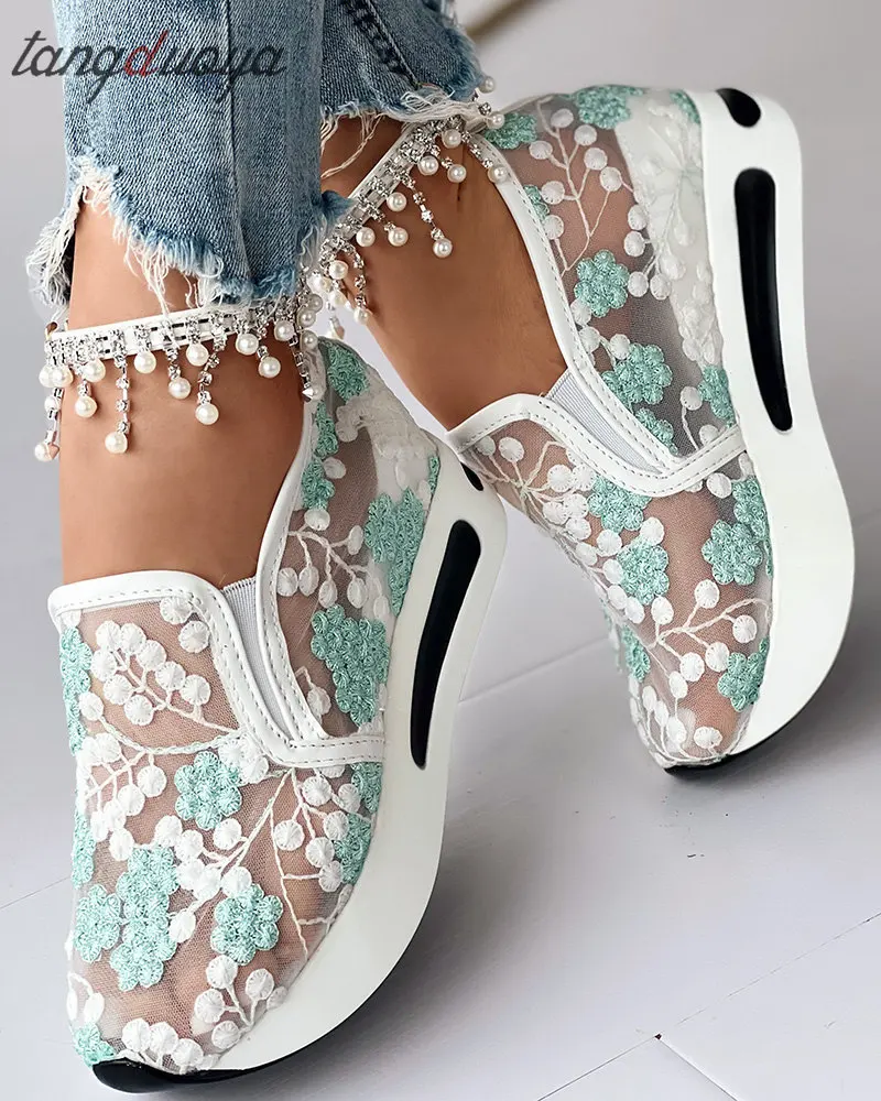 Floral Embroidery Breathable Sheer Mesh Sneakers,Women's Fashion Casual  Crystal Bling Slip On Sport Shoes,Embroidery Floral Mesh Lace Chunky Sole  Hidden High Heels (36,Black) : : Clothing, Shoes & Accessories