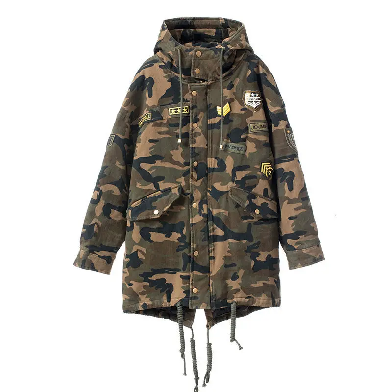 Camouflage Cotton Hooded Jacket for Women Loose Padded Coats Medium Length Cargo Tooling Parkas College Y2K Military Outwear
