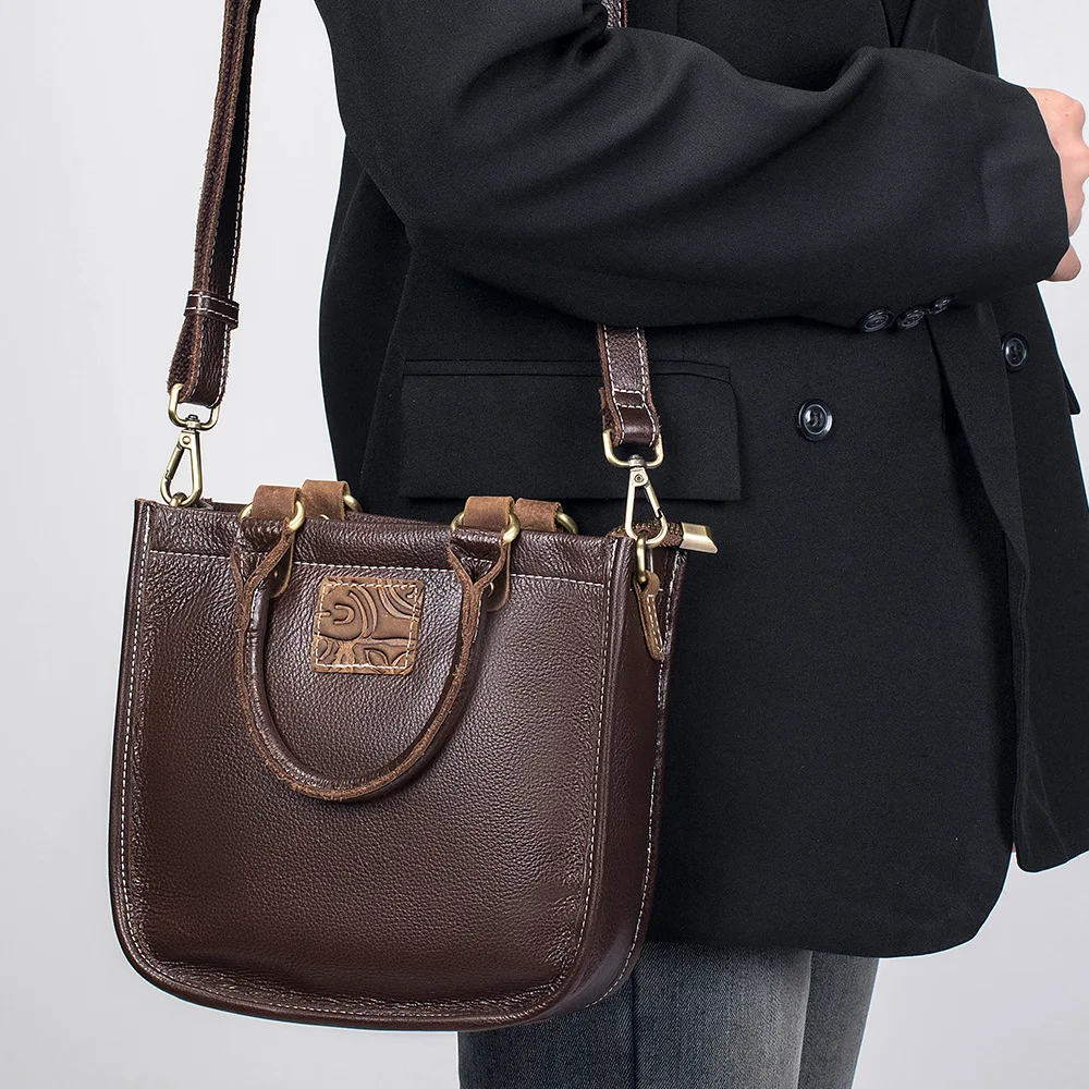Genuine Leather Women's Bag Retro Fashion Handheld Small Bucket Bag Luxury Tote Ladies' Shoulder Crossbody Bag High Quality
