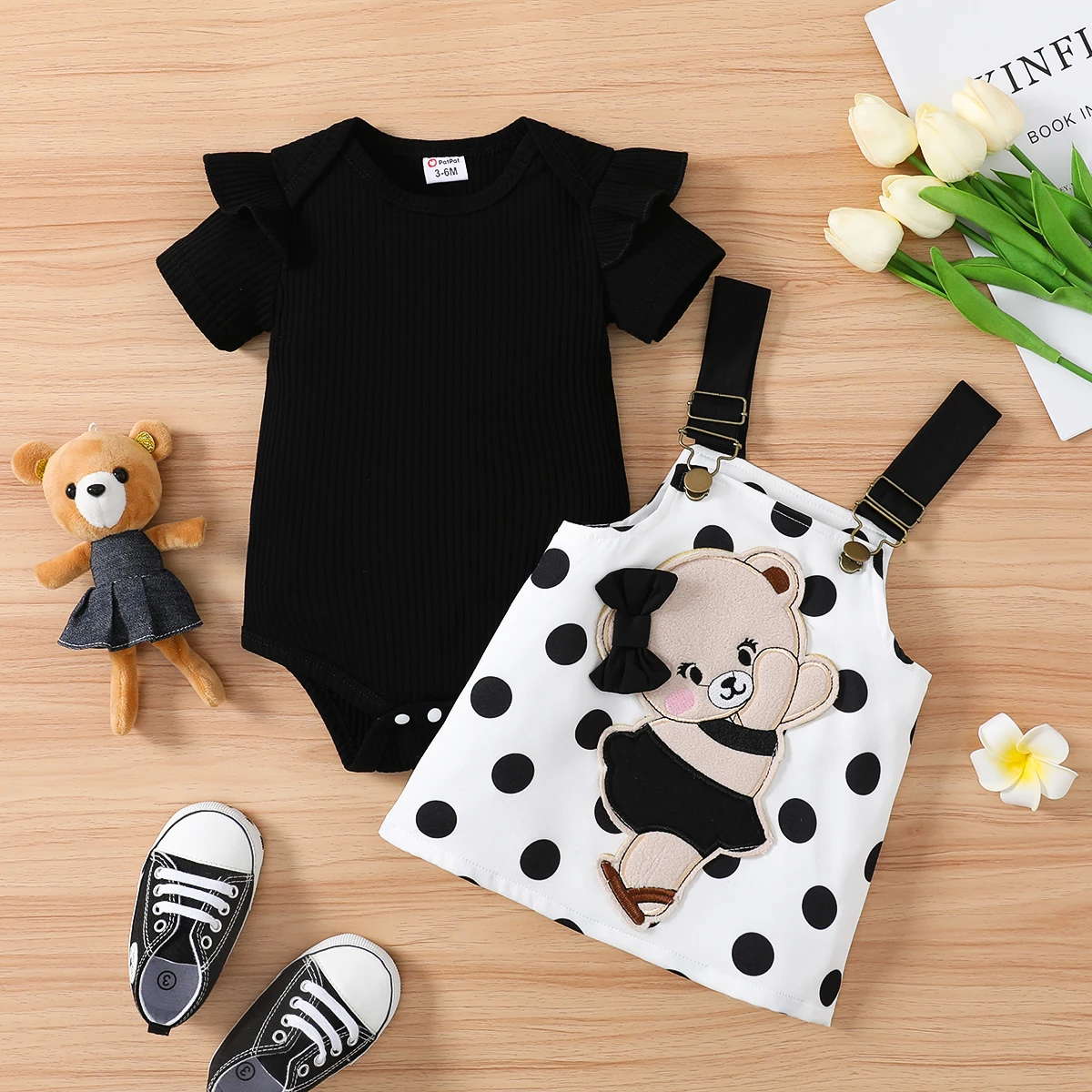 2pcs PatPat Baby Dresses Baby Girl 95% Cotton Ruffle Trim Short-sleeve Romper and Bear Graphic Polka Dots Overall Dress Sets