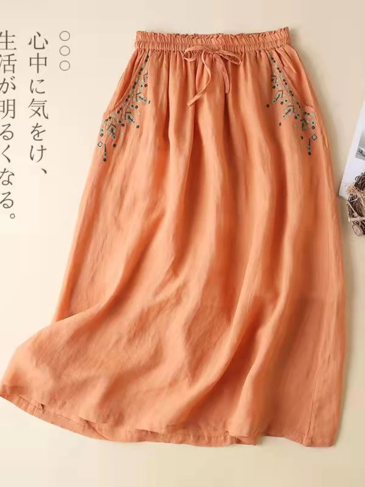 

Embroidered cotton and linen skirt women's summer new fashion pocket literary loose casual mid-length high waist A-line skirt