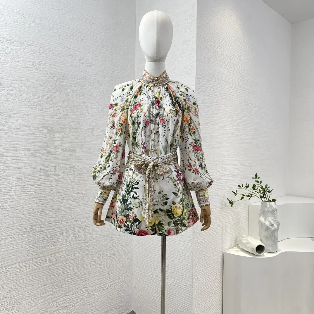 

2024 New High Quality Silk Clothes Green Long Sleeve Print Floral Diamonds Women Blouse Tops and Bow Waist Belt Shorts Set