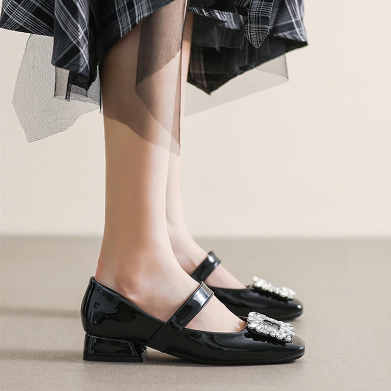 Woman Shoes Luxury Mary Janes Crystal Square Buckle Pumps Ladies Women Evening Party Zapatos De Mujer High Quality Ladies Shoes