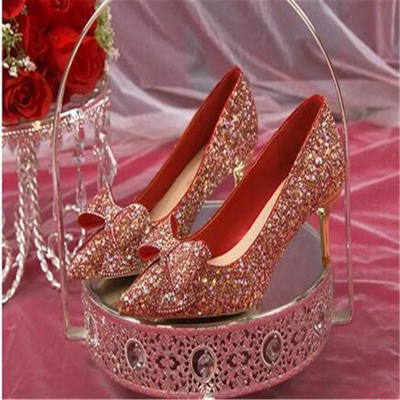

Bling Shiny Glitter Pumps Women Slip-On Sweet Bowknot High Heels Shoes Woman Shining Thin Heels Wedding Party Shoes 2023
