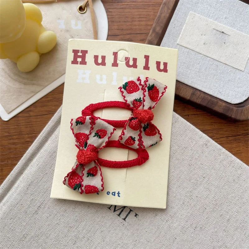 New Red Sweet Cloth Embroidered Strawberry Bow Kids Hairpins Korean Versatile Girl Headwear Hair Rope Kids Headwear Accessories 5