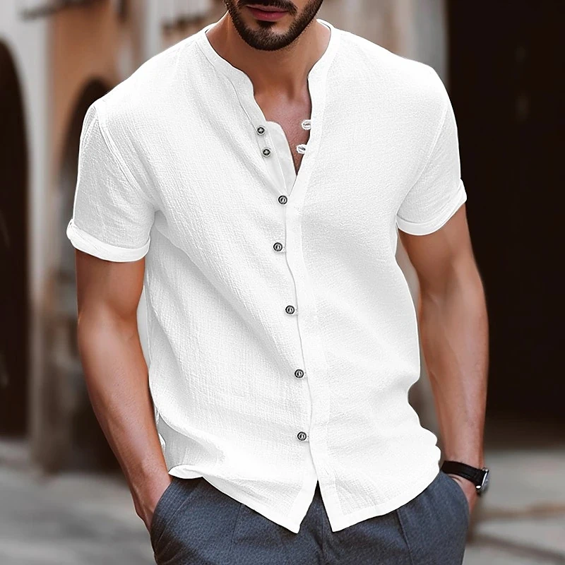 Summer Retro Style Men's Casual Cotton Linen Shirt Mock Neck Solid V-Neck Short Sleeve Loose Top Handsome Shirt US Size S-3XL