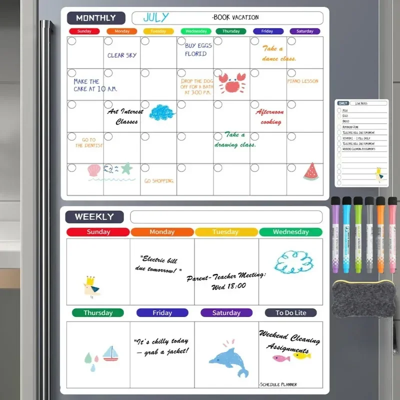 Magnetic Weekly Monthly Planner Reversible Whiteboard for Fridge Office Daily Schedule Organizer with Markers Eraser