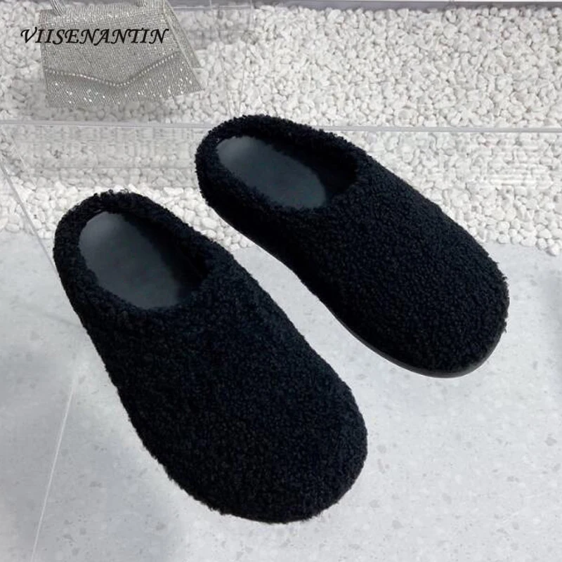 

Fashion Colorfur Autumn Winter Wool Fur Slippers Women Round Toe Thick Sole Flats Outwear Walking Shoes Slippers Females Zapatos