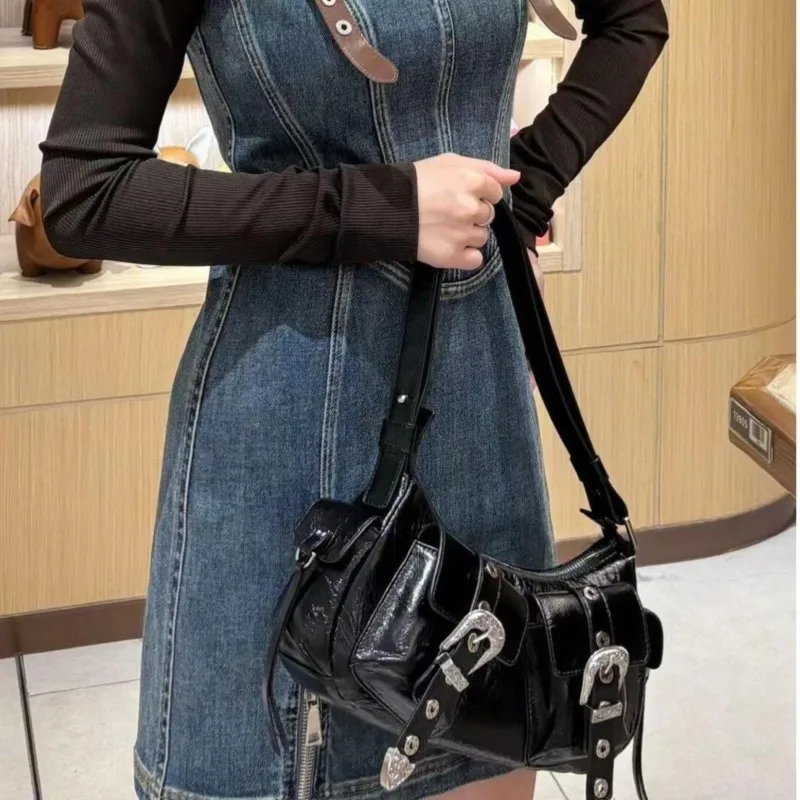 Sweet Cool Hot Girl Black Handbag Women Leather Buckle Large Capacity Underarm Bag Ladies Fashion Premium Y2k Shoulder Bags 2025
